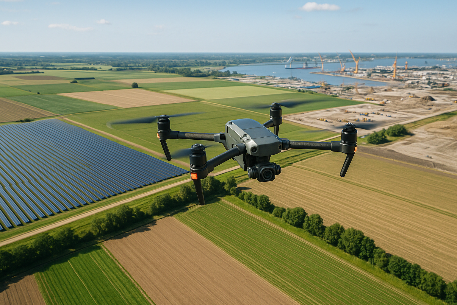 산업용 드론이 농경지 위를 비행하는 모습